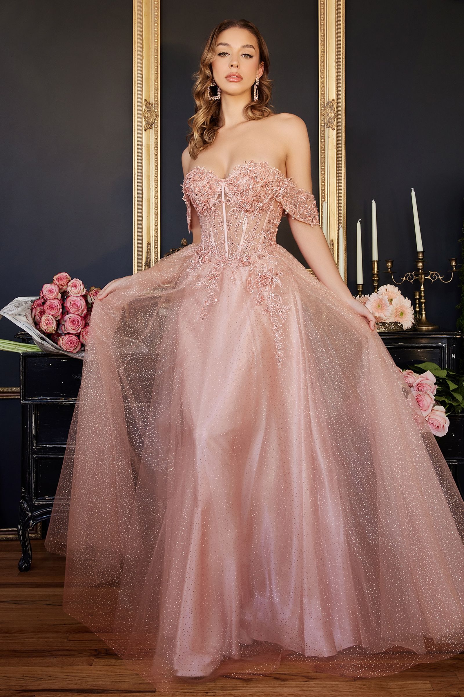 Lilac, Silver Blue, Wine Red Glitter Off Shoulder A-Line Gown with Corset Bodice CDCD0198-6
